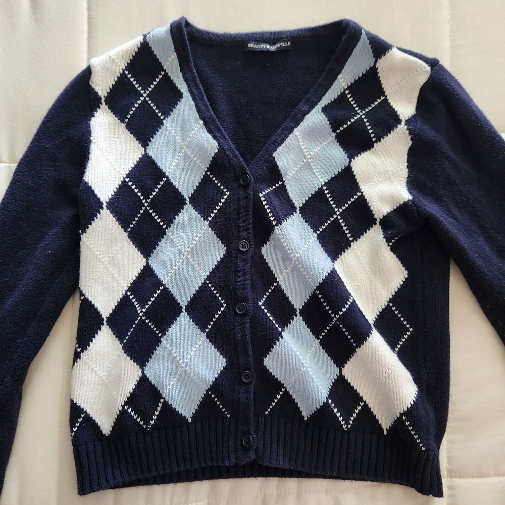 Brandy Melville Navy and Light Blue Argyle Cardigan